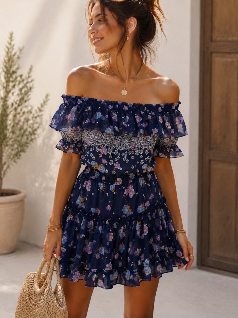 MISA Los Angeles Floral Off Shoulder Ruffle Mini Dress Blue Boho size XS